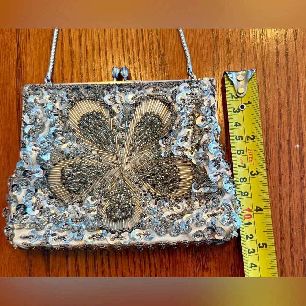 Evening Bag‎ Women Silver Beaded Sequin Floral Vintage Glam Regencycore Wedding